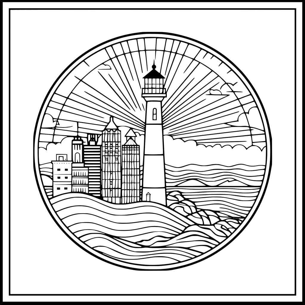 city and beach coloring page - drawingez
